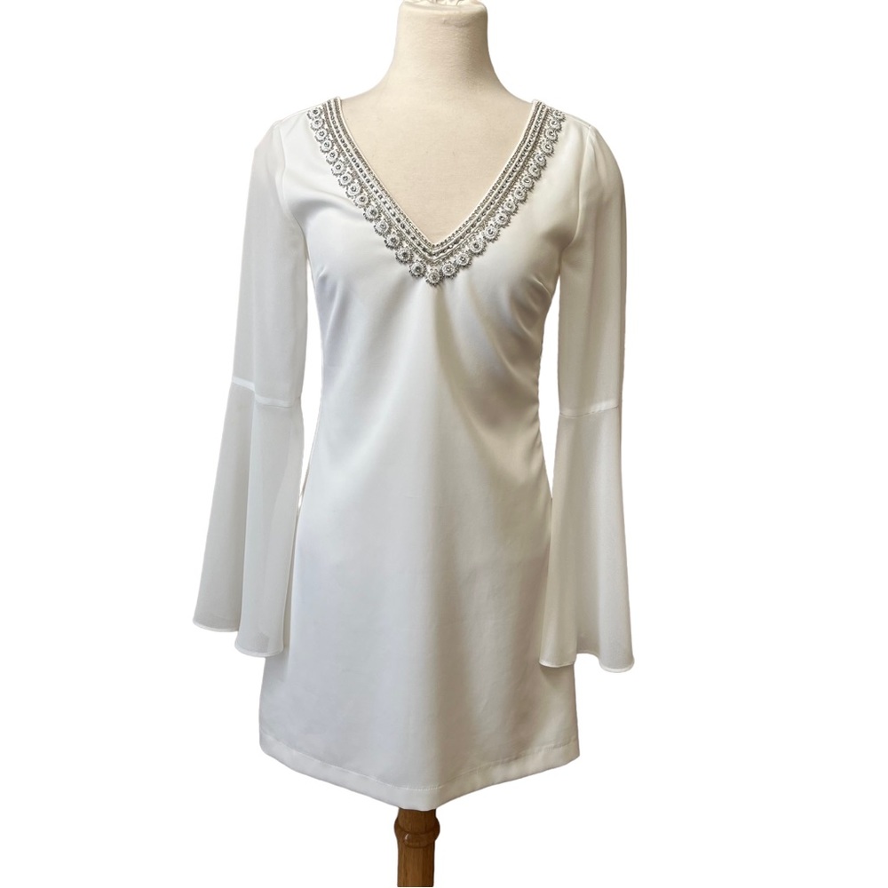 Lulu’s White Party Dress Leave the Light On White Beaded Long Sleeve Dress Small